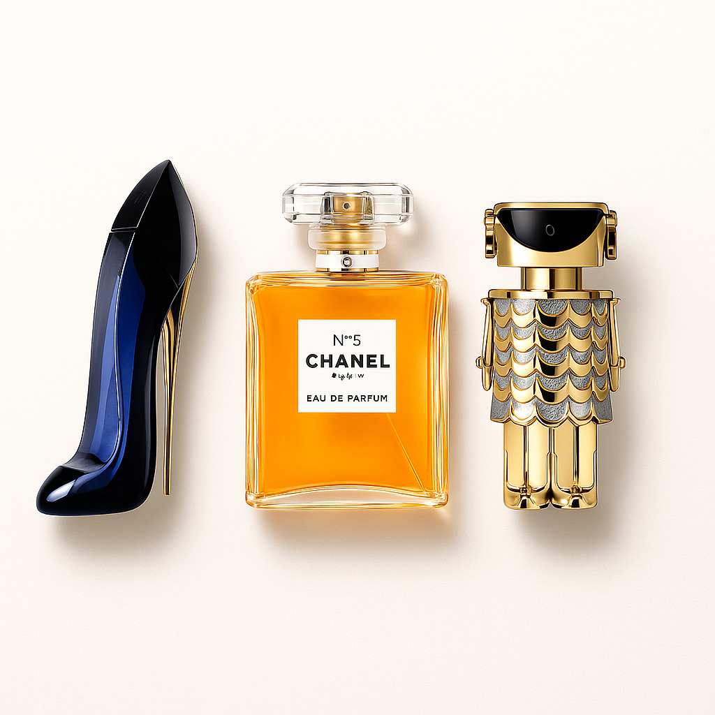 Combo de 3 perfumes Carolina Herrera GOOD GIRL, Chanel Nº5 e Paco Rabanne FAME